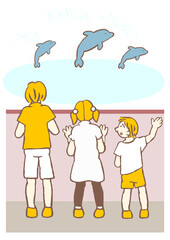合理的配慮・配慮がない状態　イルカのショーが見えない男の子のイラスト　シンプル