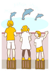 合理的配慮・平等　一律の支援はあるがそれでもまだイルカのショーが見えない男の子のイラスト　シンプル