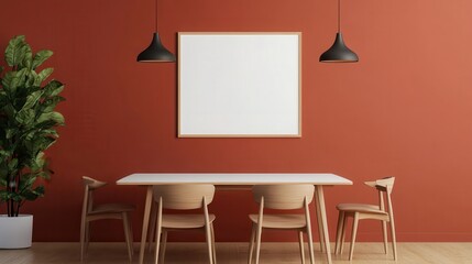 interior minimal midcentury. Modern dining area with a rustic table and warm wall color.