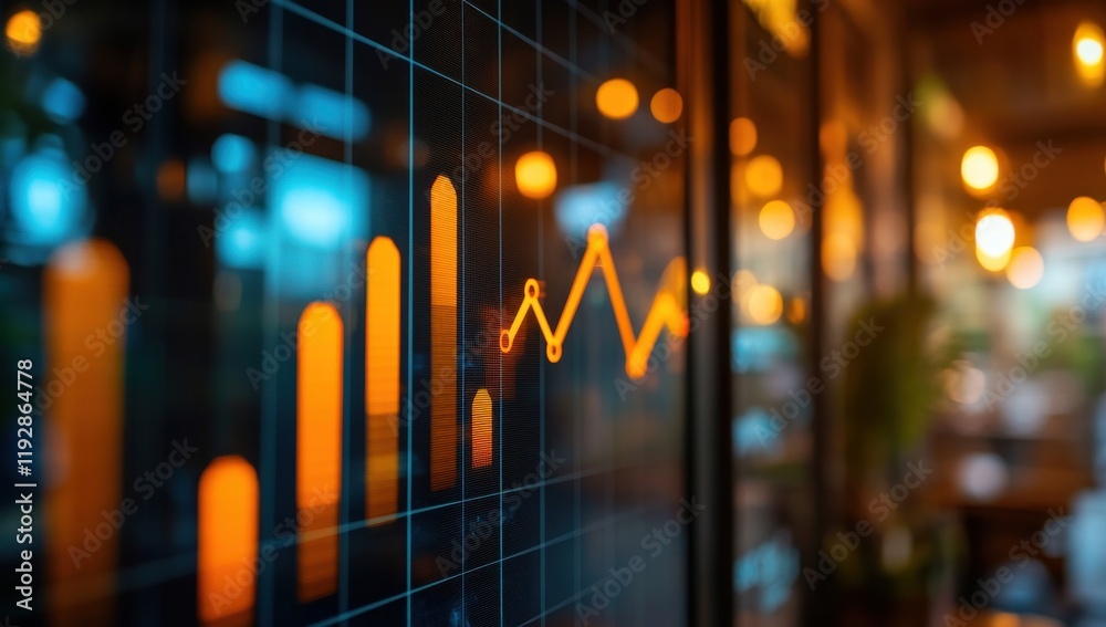 Poster dynamic financial graph displaying rising trends with an abstract bokeh background of warm lights an