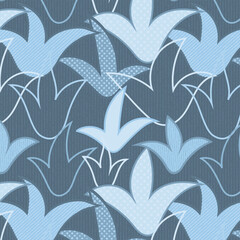 Abstract maximalist floral background with blue gray textured leaves and leaf outlines.