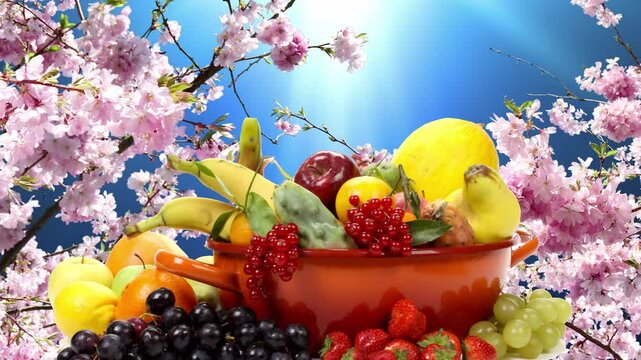 Various types of fruits on a platter with background of waving blossoms