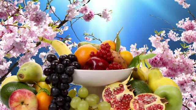 Various types of fruits on a platter with background of waving blossoms