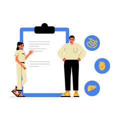 Male And Female Characters Discussing A Nutrition Plan With A Large Clipboard And Healthy Food Icons In Flat Vector Illustration Symbolizing Wellness, Diet Planning, And Health Goals, Isolated On