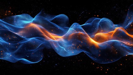 Obraz premium Ethereal Flow of Colorful Energy Waves in Deep Space Featuring Blue, Orange, and Starry Background Evoking a Sense of Mystical Cosmic Beauty and Motion