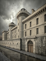 Obraz premium Historical illustration capturing the imposing architecture of Bastille prison as it stands against a somber sky