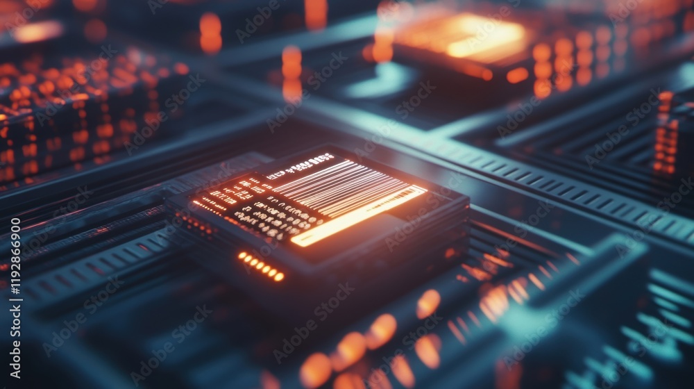  futuristic quantum computing processing unit displaying a progress bar filled with numbers and proce