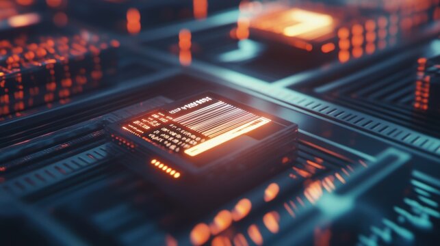 Futuristic quantum computing processing unit displaying a progress bar filled with numbers and processing data, illuminated by vibrant orange and teal lights, represents cutting edge technology