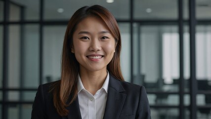 Young Asian businesswoman in a professional suit stands confidently in a modern office setting, smiling