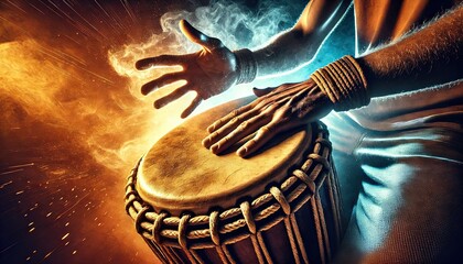A man playing an ethnic percussion musical instrument jembe. Drummer playing african music.