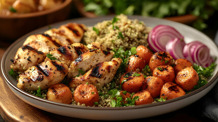Fototapeta premium Grilled Chicken with Quinoa and Roasted Carrots: A Healthy and Flavorful Meal