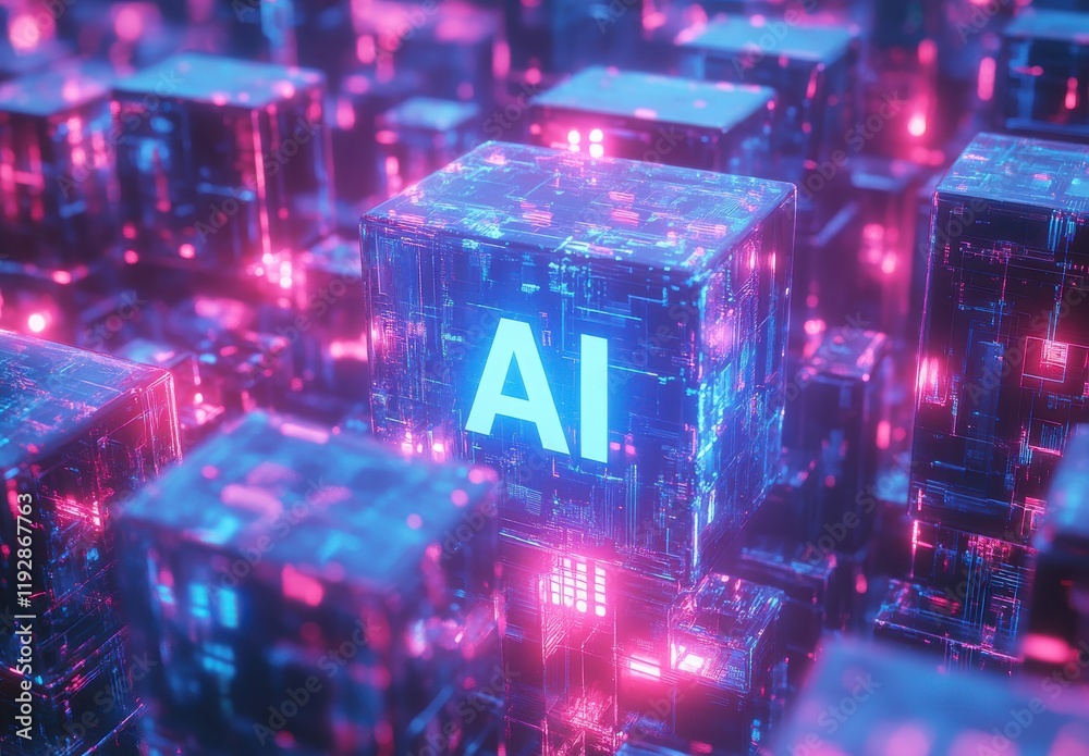 Poster futuristic abstract visualization of artificial intelligence concept with glowing cubes representing