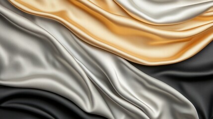 Black background wallpaper gradient and sophisticated, A close-up view of luxurious, flowing silk fabric in shades of gold, silver, and black, displaying elegant textures and graceful folds.