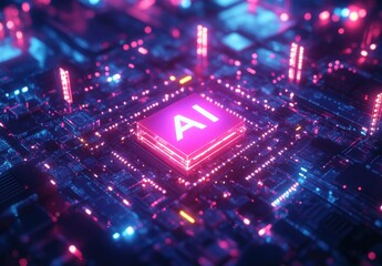 Obraz premium Futuristic AI Chip on a Circuit Board with Neon Lights and Data Flow Representing Technology Advancement and Innovation in Electronic Systems
