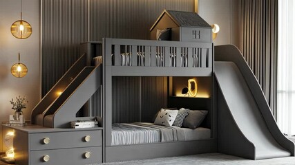 Brightly designed kids room showcases a creative bunk bed with a slide and playhouse, perfect for imaginative play and restful sleeping