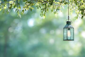Illuminated lantern hanging from tree branch in lush green garden; soft sunlight bokeh background. Perfect for relaxation, nature, serenity themes