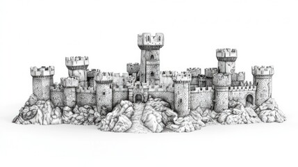 Majestic Stone Castle on Rocky Outcrop: A 3D Rendered Fortification