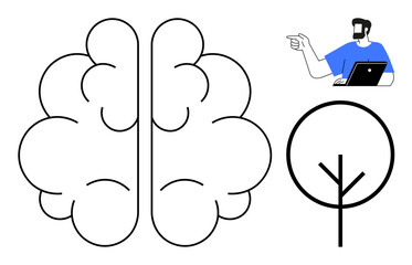 Abstract brain in center, tree symbol on right, man with a beard and laptop pointing at screen on top right. Ideal for education, science, technology, nature, growth, creativity and learning
