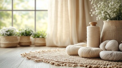 Elegant textile design workspace with natural lighting and yarn displayed creatively for inspiration and crafting. Generative AI