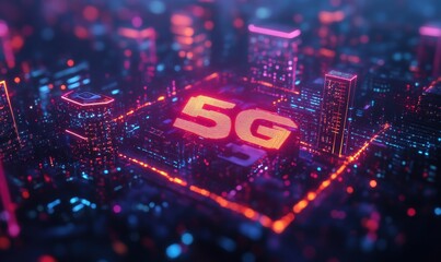 Fototapeta premium Futuristic Cityscape with Neon Lights Showcasing 5G Technology Concept in a Digital Landscape of Tall Buildings and Glowing Elements