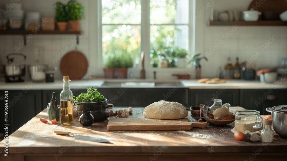 Poster rustic kitchen layout featuring fresh ingredients with dough and cooking tools at a busy cooking tim