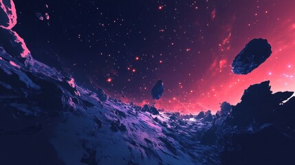 Alien planet landscape with pink nebula