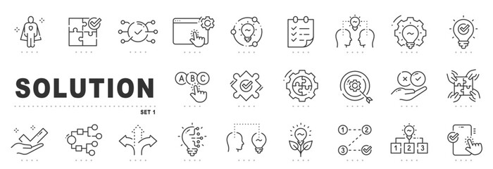 Set of solution related line icons. Problem solving, puzzle, decision etc. Editable stroke.