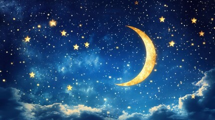 Naklejka premium Golden crescent moon & starry night