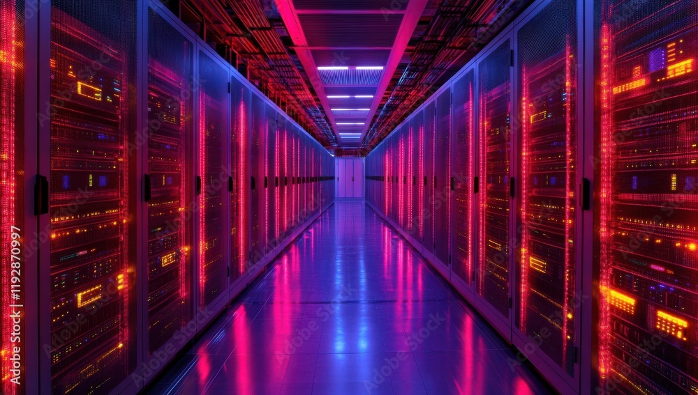Poster futuristic data center with neon lights and high-tech server racks creating a vibrant and energetic 