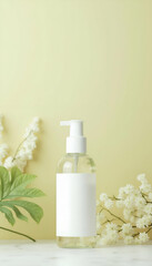Elegant Lotion Bottle Mockup with Flowers and Leaves