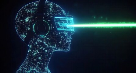 Obraz premium Futuristic Digital Avatar in Virtual Reality Headset Emitting Laser Beam, Representing the Intersection of Technology, Innovation, and Imagination in the Modern World
