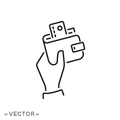 hand holding wallet with credit card icon, thin line symbol concept isolated on white background, editable stroke eps 10 vector illustration