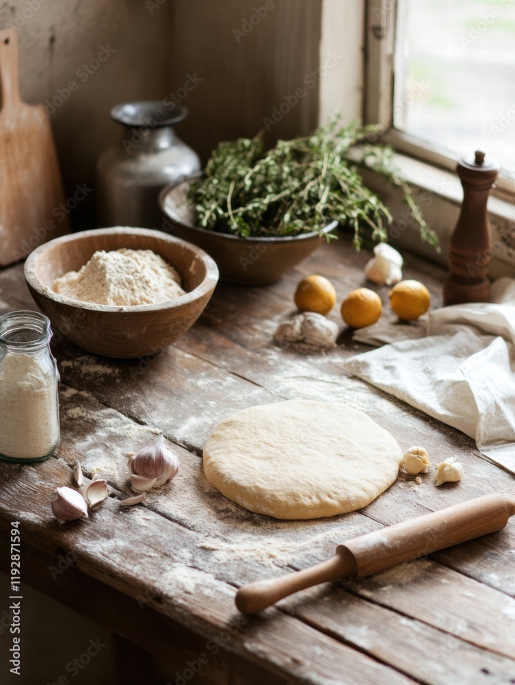 Poster rustic kitchen table with rolling pin and fresh ingredients for cooking preparations in a cozy space