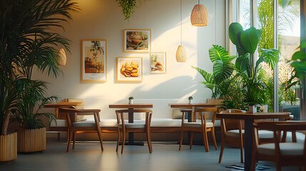 bright interior with plants and tables in a cafe
