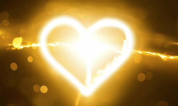 Two golden light trails intertwine to form a glowing heart surrounded by shimmering bokeh, representing the eternal bond of love, Dynamic motion, dynamic blur, 30x speed, unsharp edges.