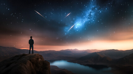 Fototapeta premium cinematic photo of man on cliff watching the horizon night sky, shooting stars space milkyway galaxy,