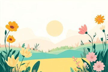 Obraz premium Illustration of a bright, colorful landscape with blooming flowers, sunshine, and a feeling of renewal and hope, minimal background with copy space