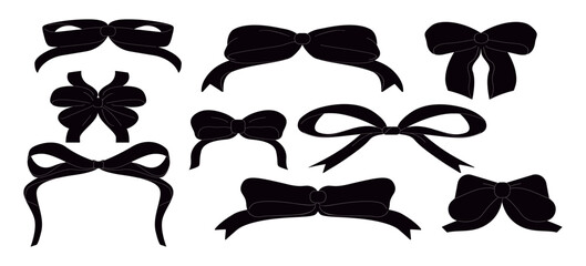 Set of minimalist various bow knots, tie ups, gift bows. Vector illustration. Isolated design elements. Wedding celebration, holiday, party decoration, gift, present concept.