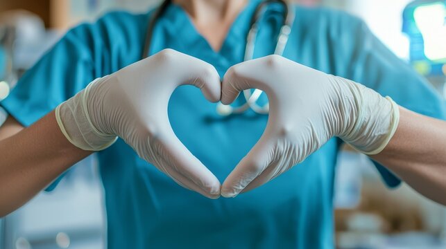 Close-up of a doctor's hands shaping a heart gesture to convey compassion and care in a medical setting. Generative AI