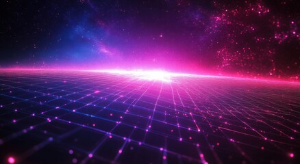 Obraz premium Futuristic Digital Landscape with Glowing Grids and Cosmic Elements in Vibrant Pink and Blue, Evoking a Sense of Technology and Exploration in a Sci-Fi Context