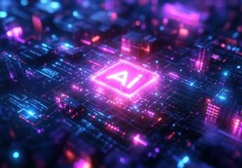 Fototapeta premium Futuristic Digital Network Concept Representing Artificial Intelligence with Neon Lights and Circuitry in Vibrant Midtones of Blue and Purple
