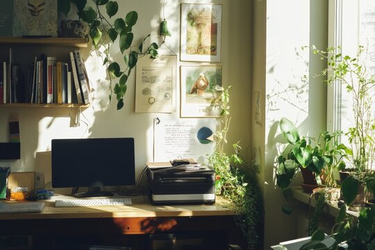 cozy optimistic, clutter free workspace with motivational posters, plants, and sunlight streaming in, minimal background with copy space