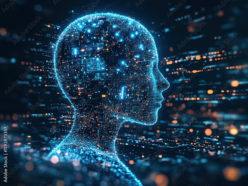 Poster futuristic digital profile of a human head surrounded by glowing particles and data streams represen