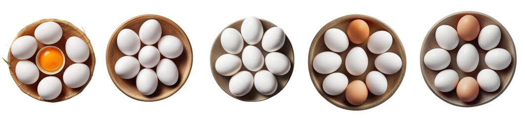 Fresh eggs displayed in circular containers showcasing their natural textures.