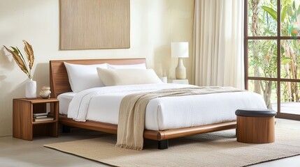 Fototapeta premium interior minimal midcentury. Modern bedroom with wooden furniture and natural light.