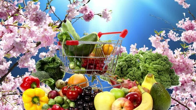 Various types of fruits on a platter with background of waving blossoms