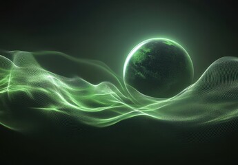 Naklejka premium Futuristic Green Wave with Glowing Planet in Cosmic Space Illustrates a Sense of Depth and Energy in a Digital Environment for Creative Projects