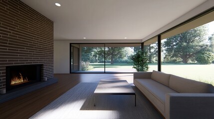 interior minimal midcentury. Modern living room with large windows and a cozy fireplace.
