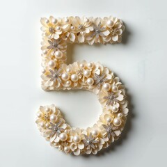 Obraz premium Letter or number crafted from pearl-encrusted pins, crystal combs, and satin ribbon flowers on a white background 
