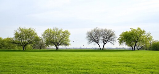 Obraz premium Spring meadow, trees, birds, distant city. Nature scene